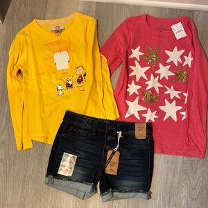 Bundle - Yellow Peanuts Shirt + Crewcuts Pink Star Shirt + Short Jeans